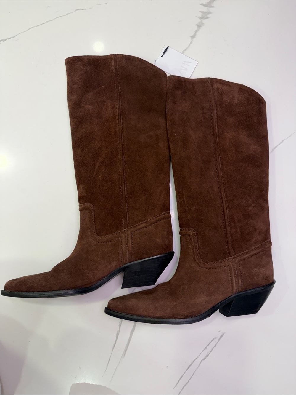 ZARA SPLIT LEATHER HEELED COWBOY BOOTS Brown Suede Knee-High Boots - Picture 11 of 12